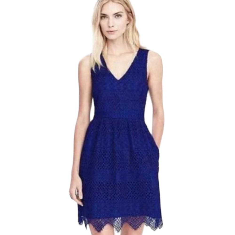 BANANA REPUBLIC Royal Blue Lace V-Neck Sleeveless A Line Dress 4 (Small)